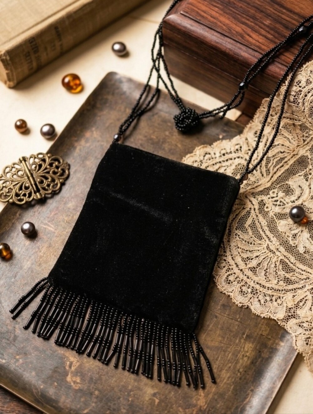 Vintage Le Regale Black Beaded Fringe Evening Bag - 1990s Whimsigoth Crossbody